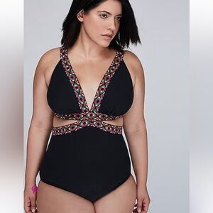 Swim by Cacique Monokini Swimsuit Black Tribal Print Size 28